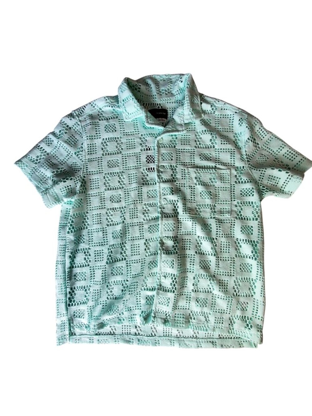 Original Use Mint Green Crochet Short Sleeve Shirt Sz L Button-up  with collar